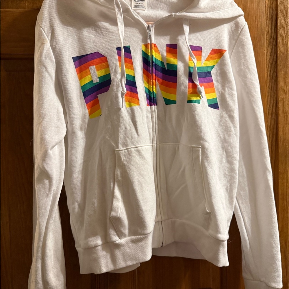 Victoria’s Secret PINK While full zip large hooded white sweatshirt
